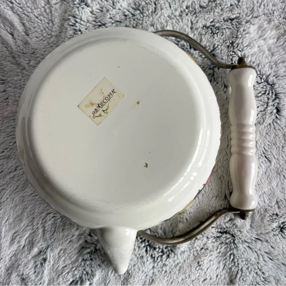 Vintage Teapot Cornucopia Enamel Brass Rimmed